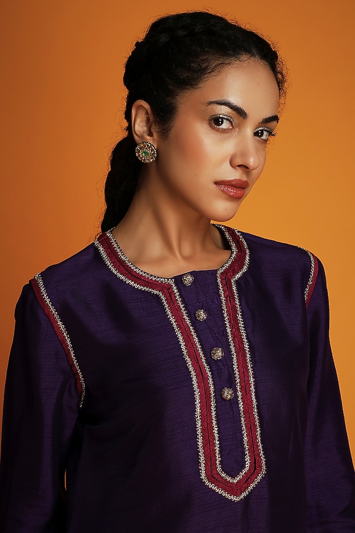 Purple Tussar Zardosi Embroidered Tunic by Krishna Mehta at Pernia's Pop Up Shop