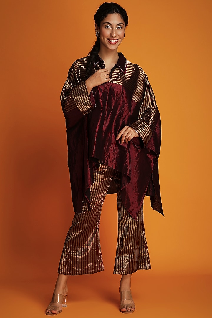 Wine Tissue Silk Zardosi Handwoven Tunic by Krishna Mehta