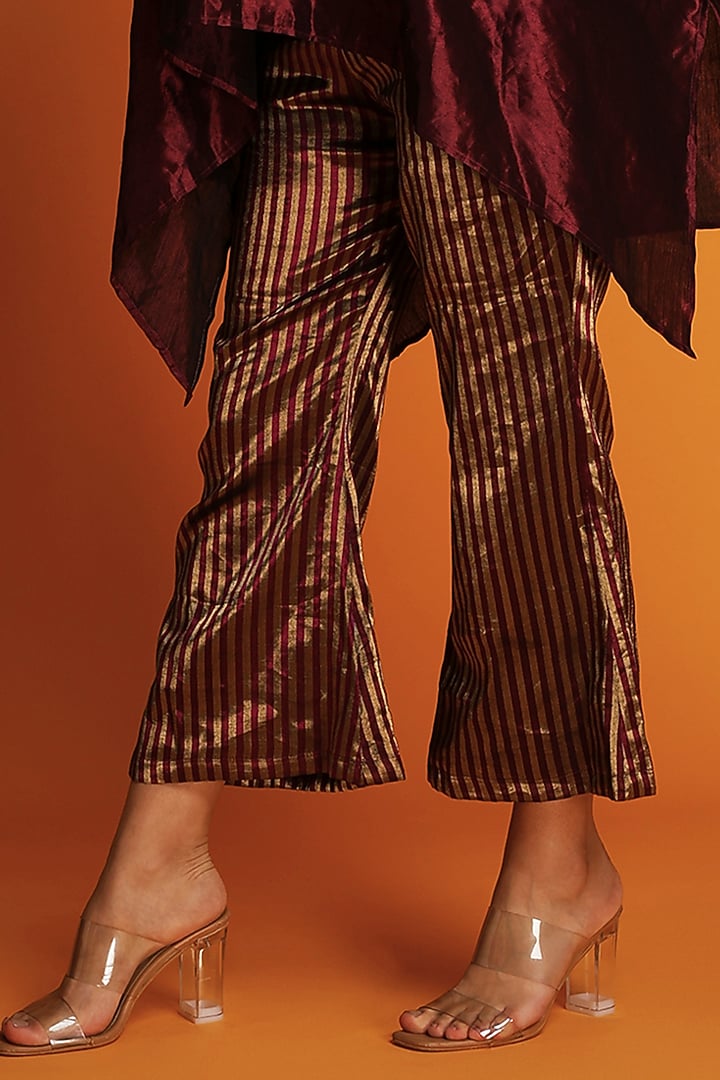 Wine Tissue Silk Zardosi Striped Handwoven Bell-Bottom Pants by Krishna Mehta at Pernia's Pop Up Shop