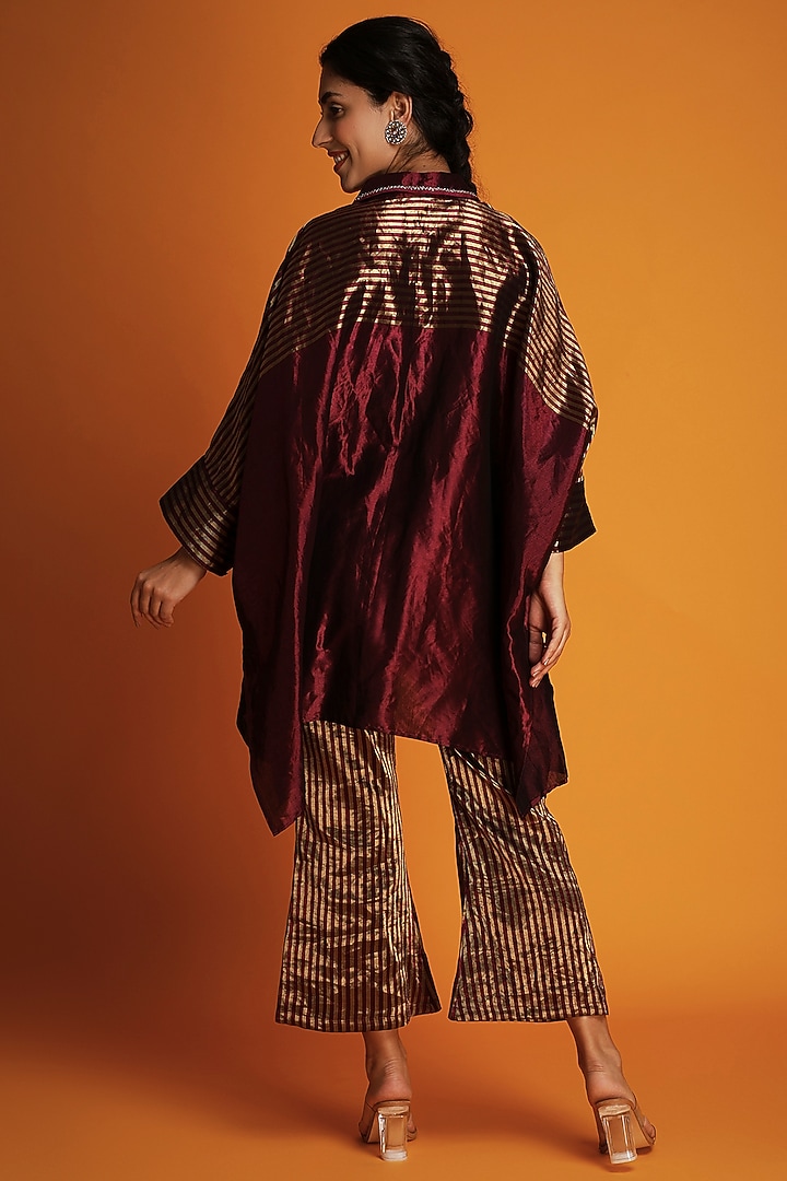 Wine Tissue Silk Zardosi Striped Handwoven Bell-Bottom Pants by Krishna Mehta at Pernia's Pop Up Shop