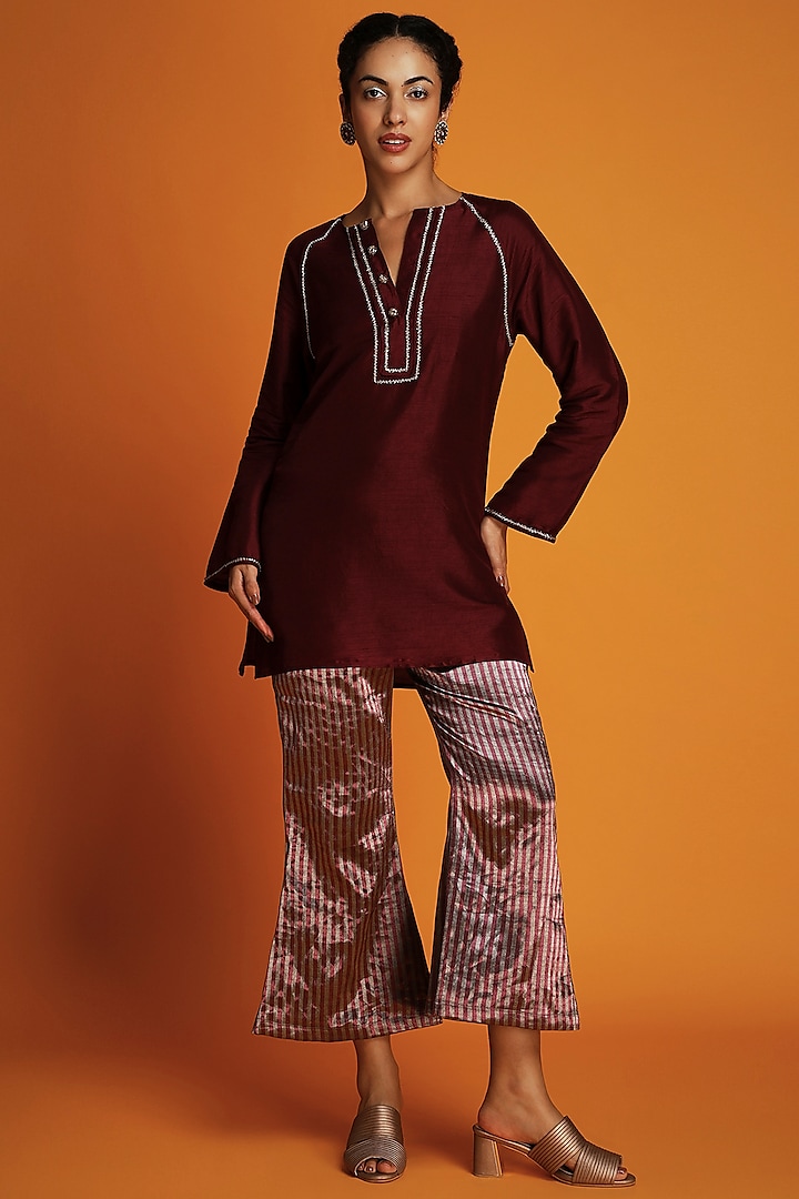 Maroon Tussar Embroidered Tunic by Krishna Mehta