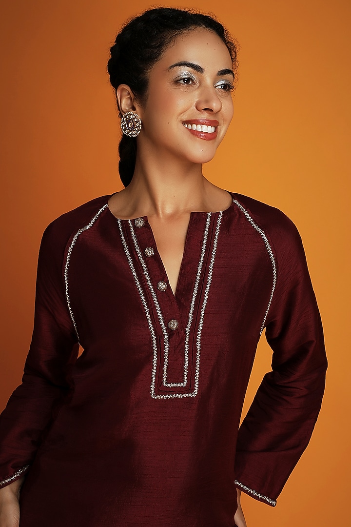 Maroon Tussar Embroidered Tunic by Krishna Mehta at Pernia's Pop Up Shop