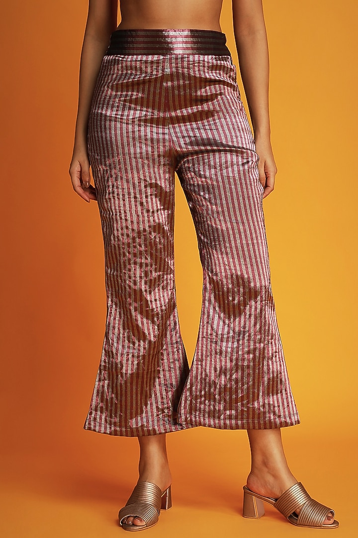 Maroon Tissue Silk Striped Bell-Bottom Pants by Krishna Mehta at Pernia's Pop Up Shop