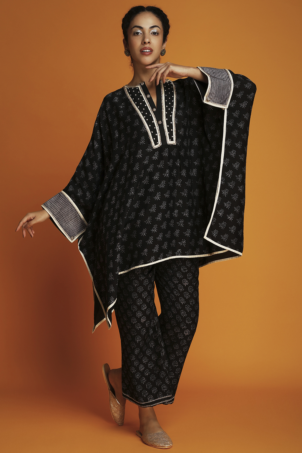 Black Tissue Block Printed & Zardosi Embroidered Kaftan by Krishna Mehta at Pernia's Pop Up Shop