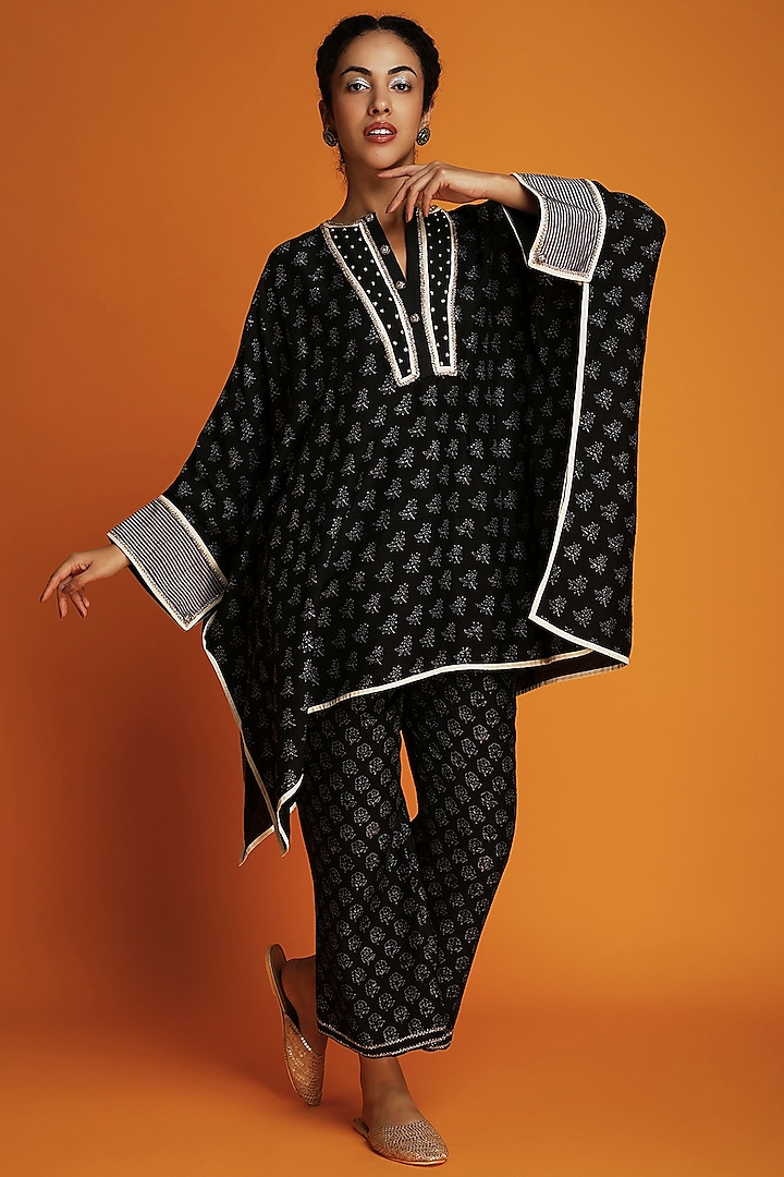Black Tissue Block Printed & Zardosi Embroidered Kaftan by Krishna Mehta at Pernia's Pop Up Shop