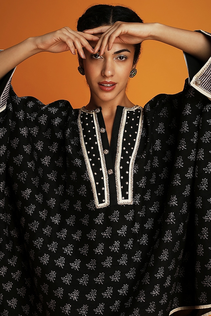 Black Tissue Block Printed & Zardosi Embroidered Kaftan by Krishna Mehta at Pernia's Pop Up Shop
