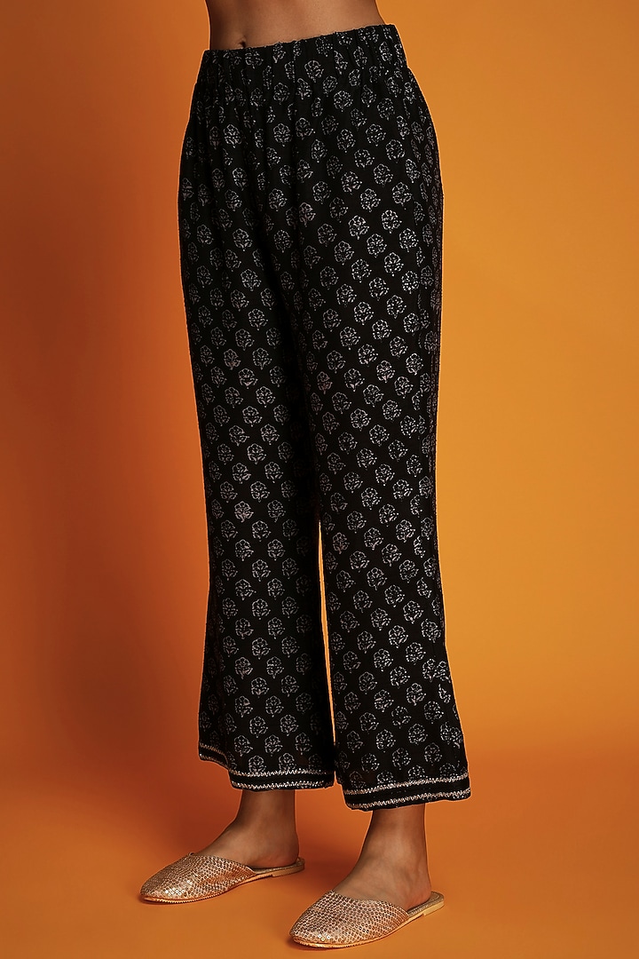 Black Cotton Viscose Handblock Printed Pants by Krishna Mehta at Pernia's Pop Up Shop