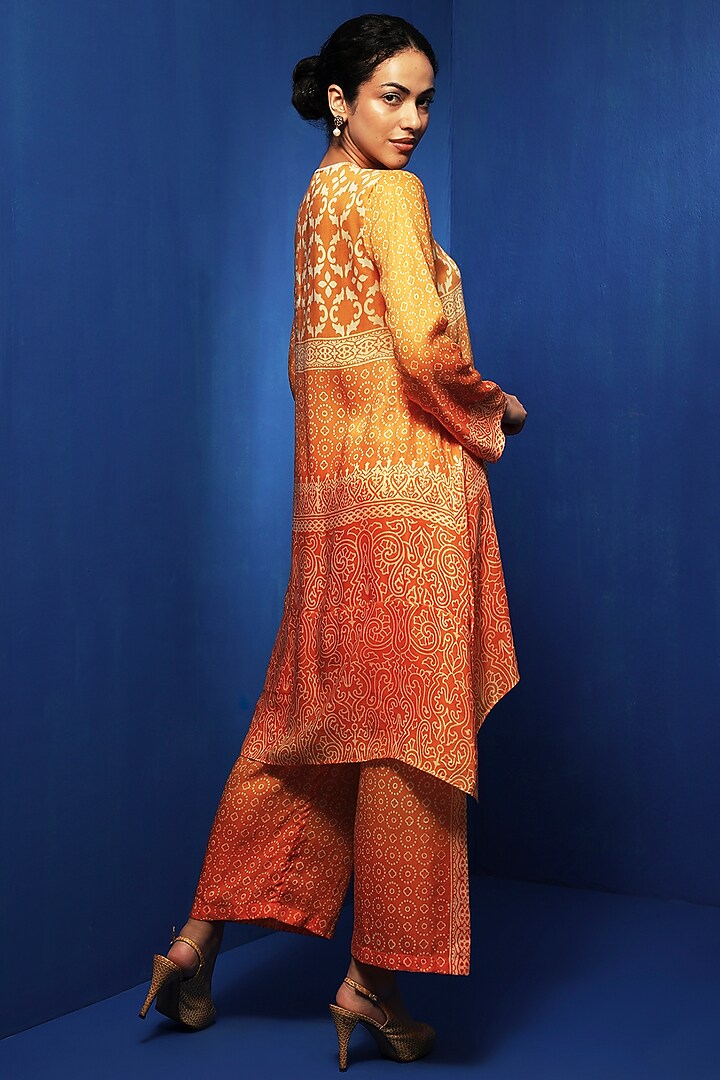 Orange Modal Block Printed Ombre Asymmetric Tunic Set by Krishna Mehta at Pernia's Pop Up Shop