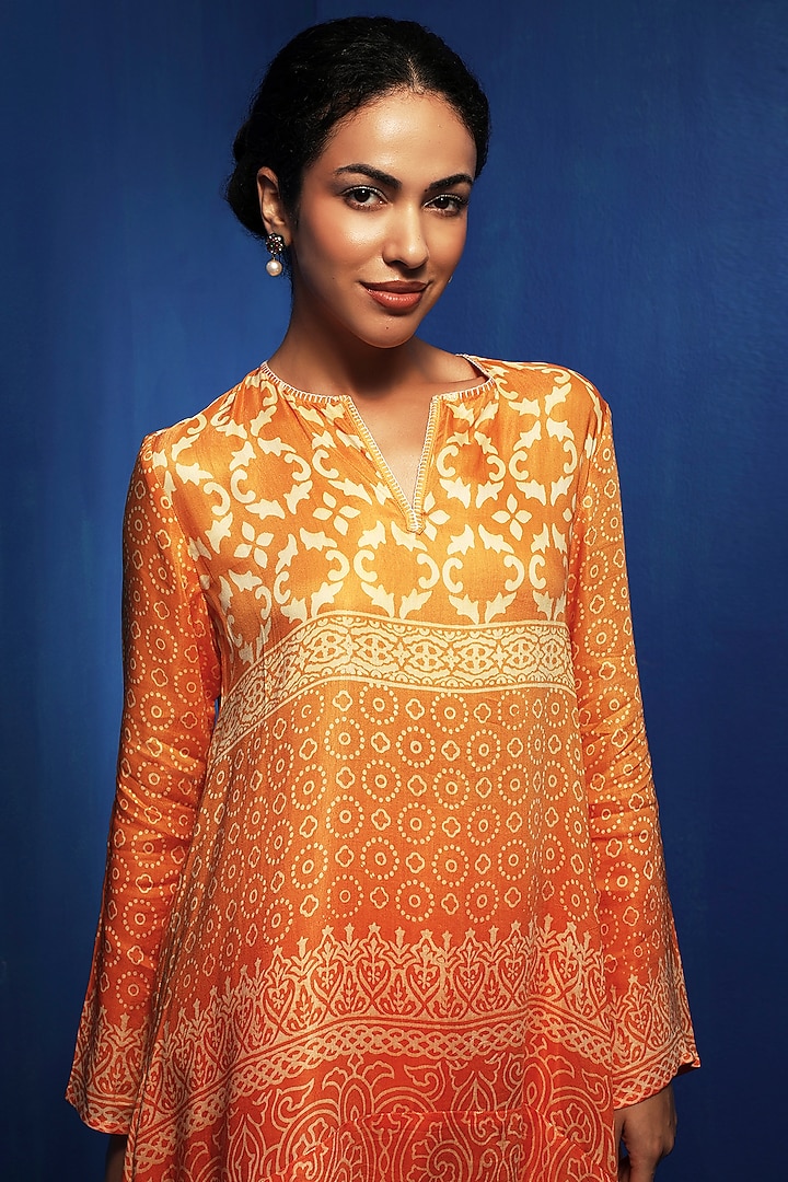 Orange Modal Block Printed Ombre Asymmetric Tunic Set by Krishna Mehta at Pernia's Pop Up Shop