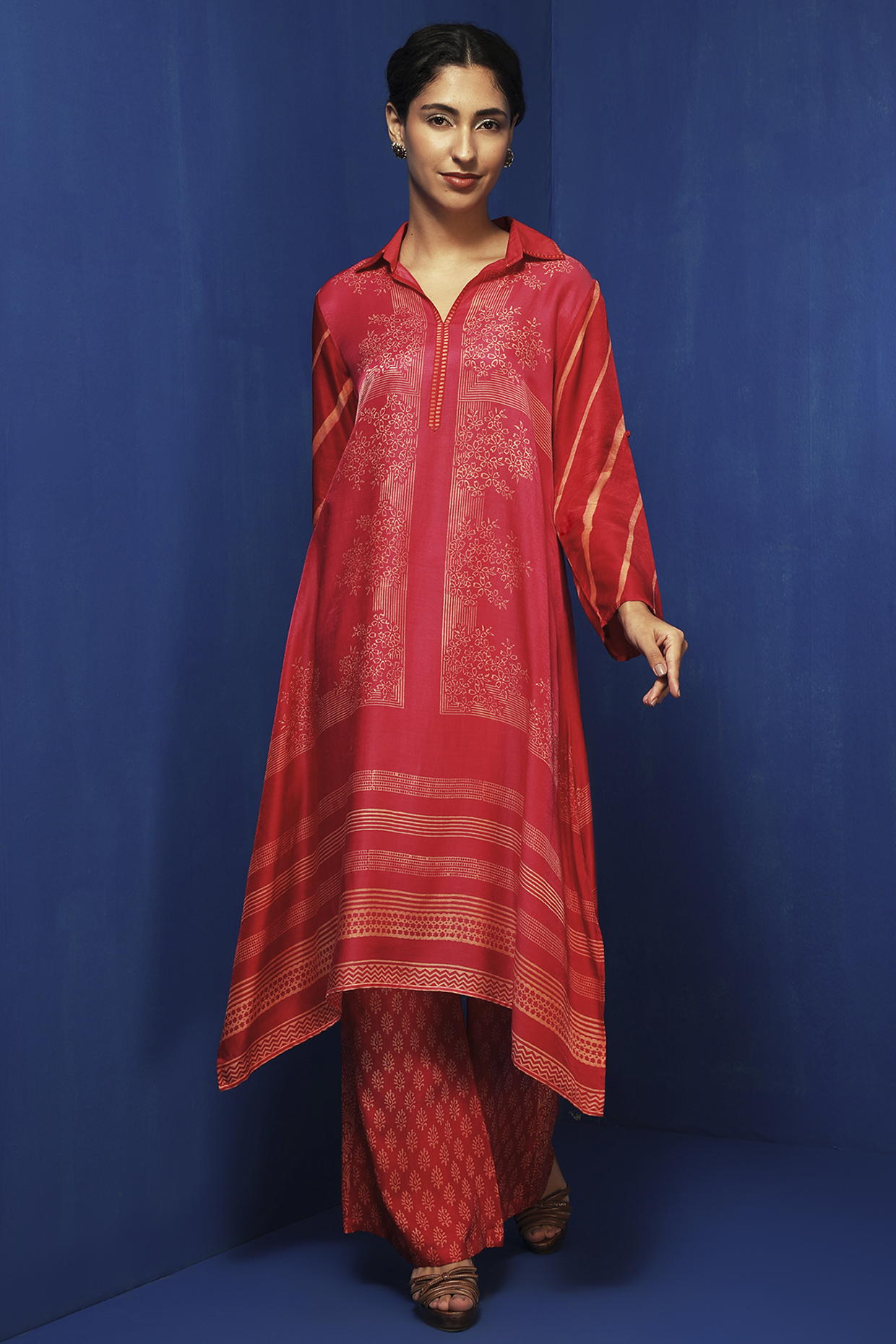Red & Fuchsia Modal Block Printed Asymmetric Tunic Set by Krishna Mehta at Pernia's Pop Up Shop