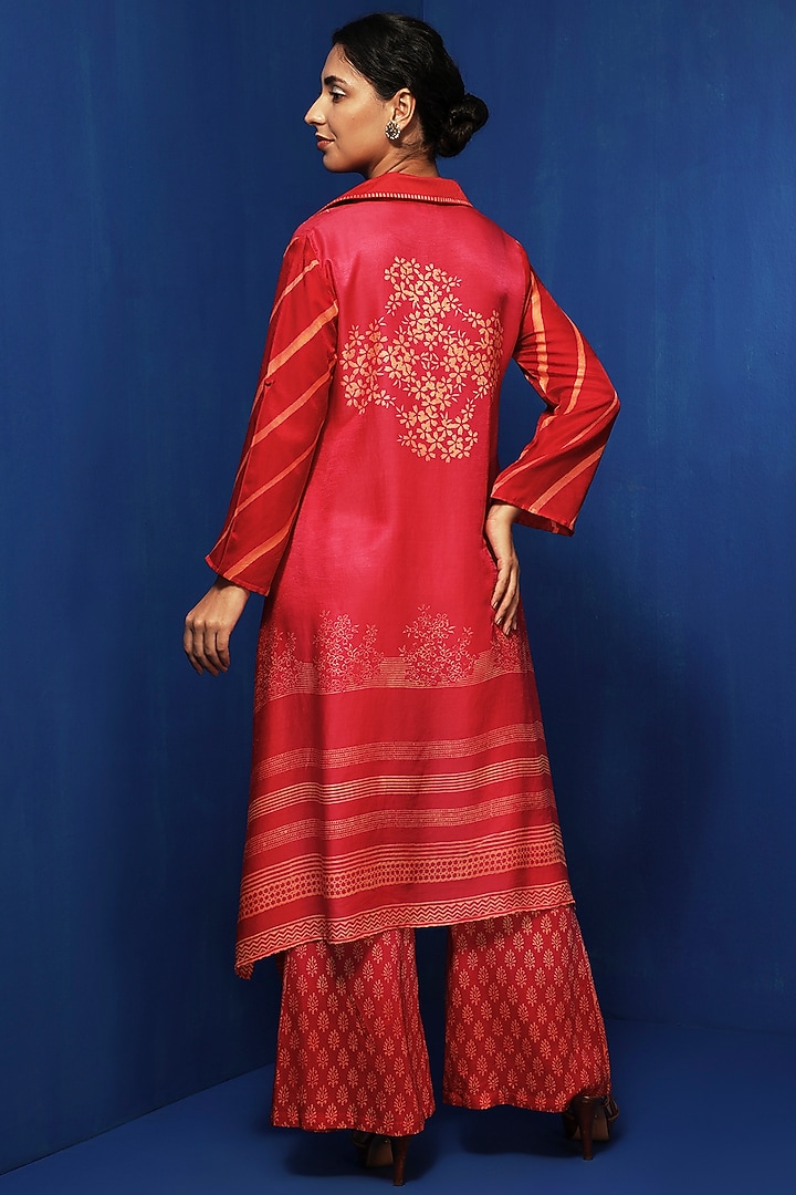 Red & Fuchsia Modal Block Printed Asymmetric Tunic Set by Krishna Mehta at Pernia's Pop Up Shop