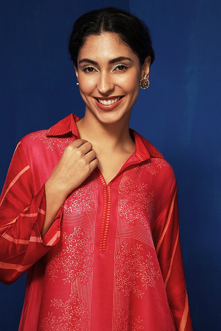 Red & Fuchsia Modal Block Printed Asymmetric Tunic Set by Krishna Mehta at Pernia's Pop Up Shop