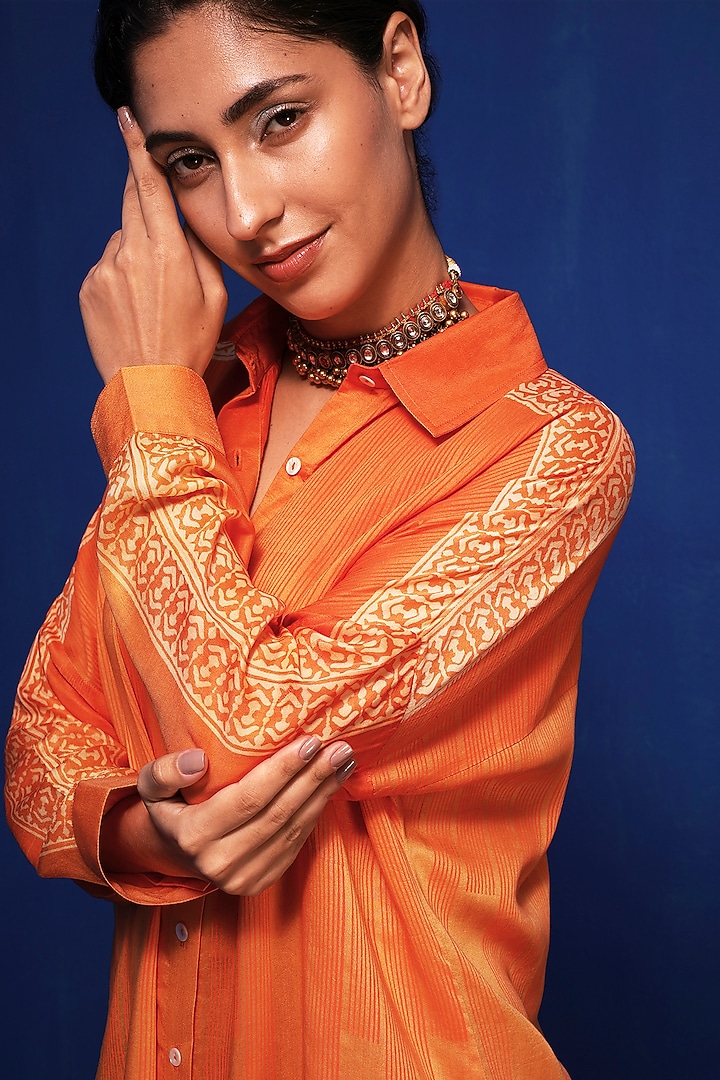 Orange Modal Block-Printed Ombre Tunic Set by Krishna Mehta at Pernia's Pop Up Shop