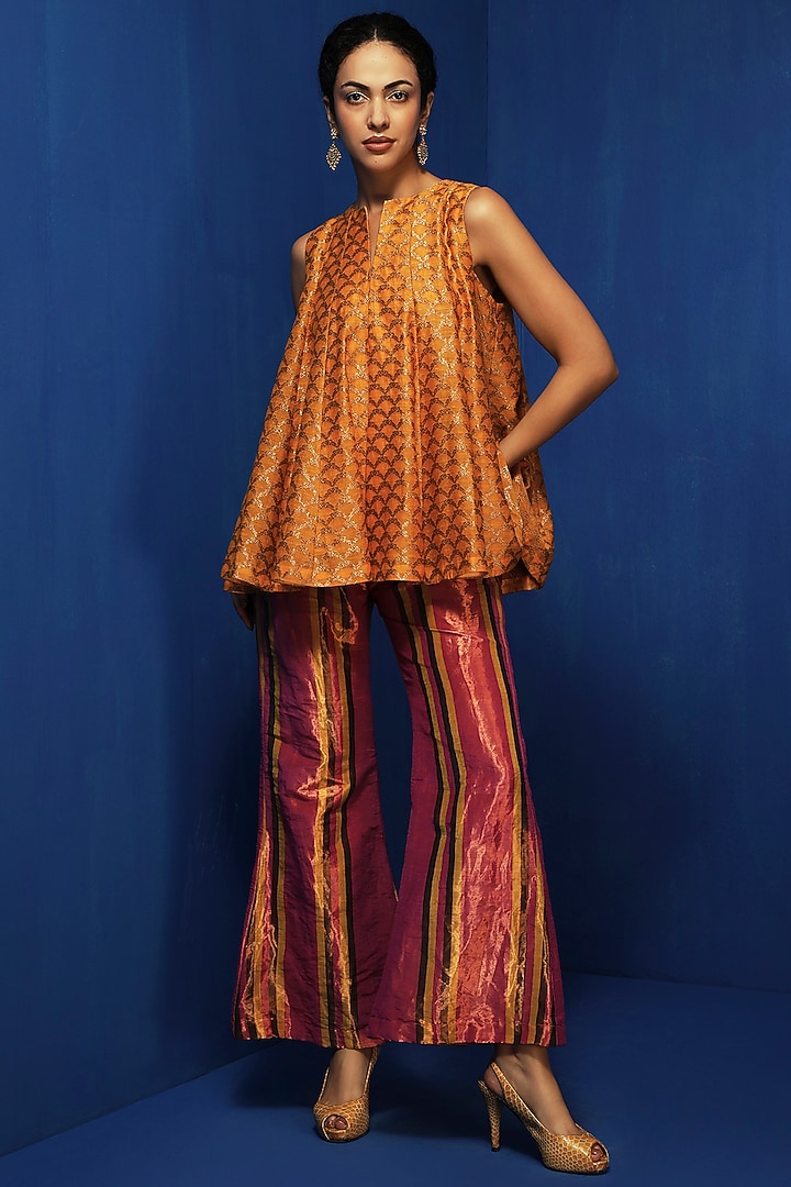 Mustard Brocade Silk Swing Top by Krishna Mehta at Pernia's Pop Up Shop