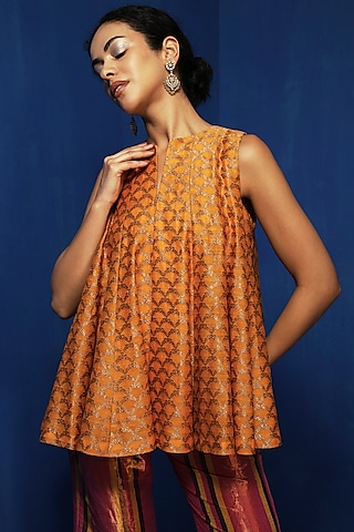 Mustard Brocade Silk Swing Top by Krishna Mehta