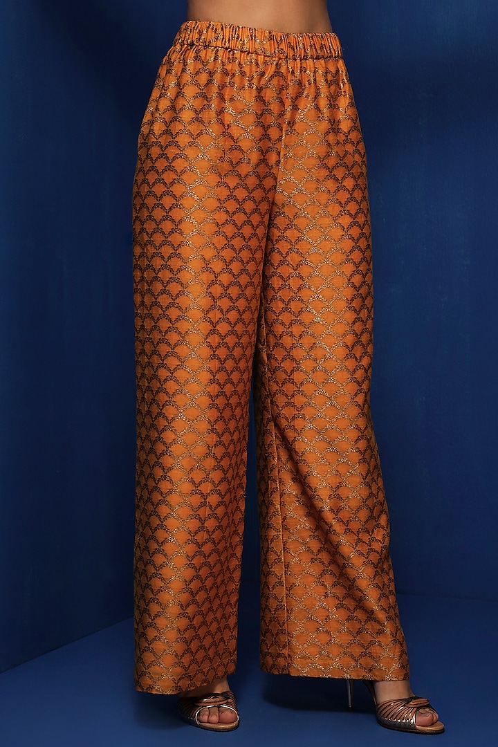 Mustard Brocade Silk Straight Pants by Krishna Mehta