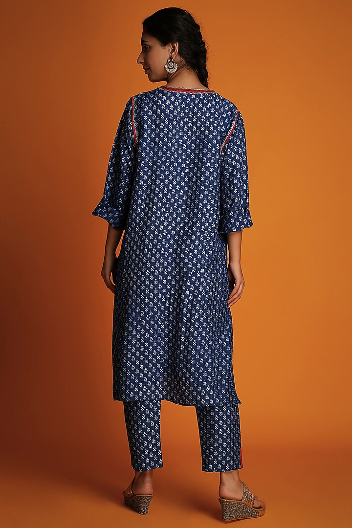 Indigo Tussar Hand-Block Printed Tunic Set by Krishna Mehta at Pernia's Pop Up Shop