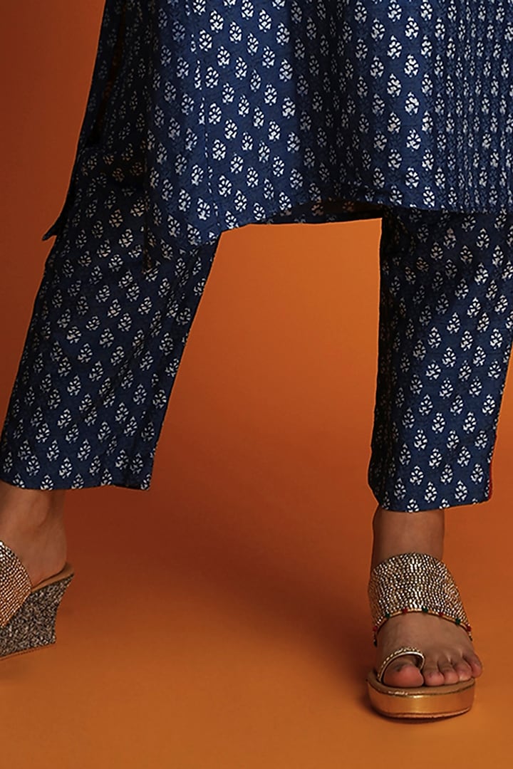 Indigo Tussar Hand-Block Printed Tunic Set by Krishna Mehta at Pernia's Pop Up Shop