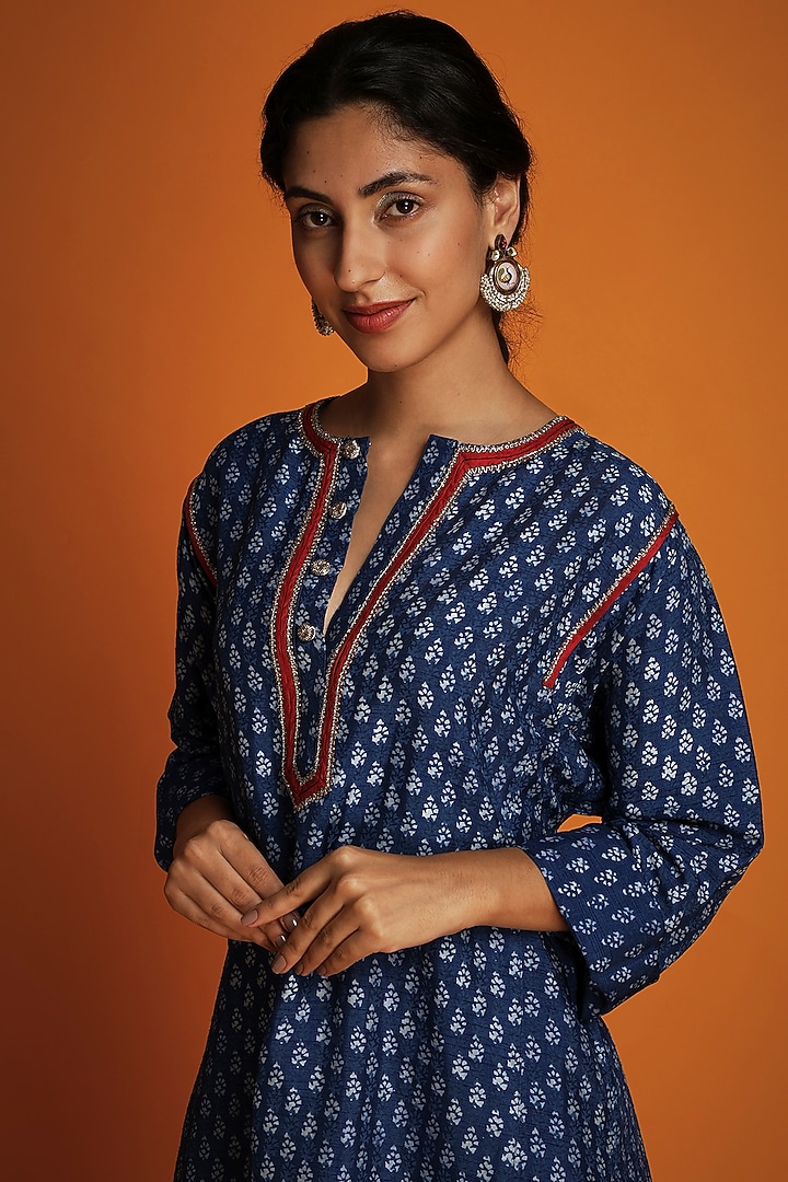 Indigo Tussar Hand-Block Printed Tunic Set by Krishna Mehta at Pernia's Pop Up Shop