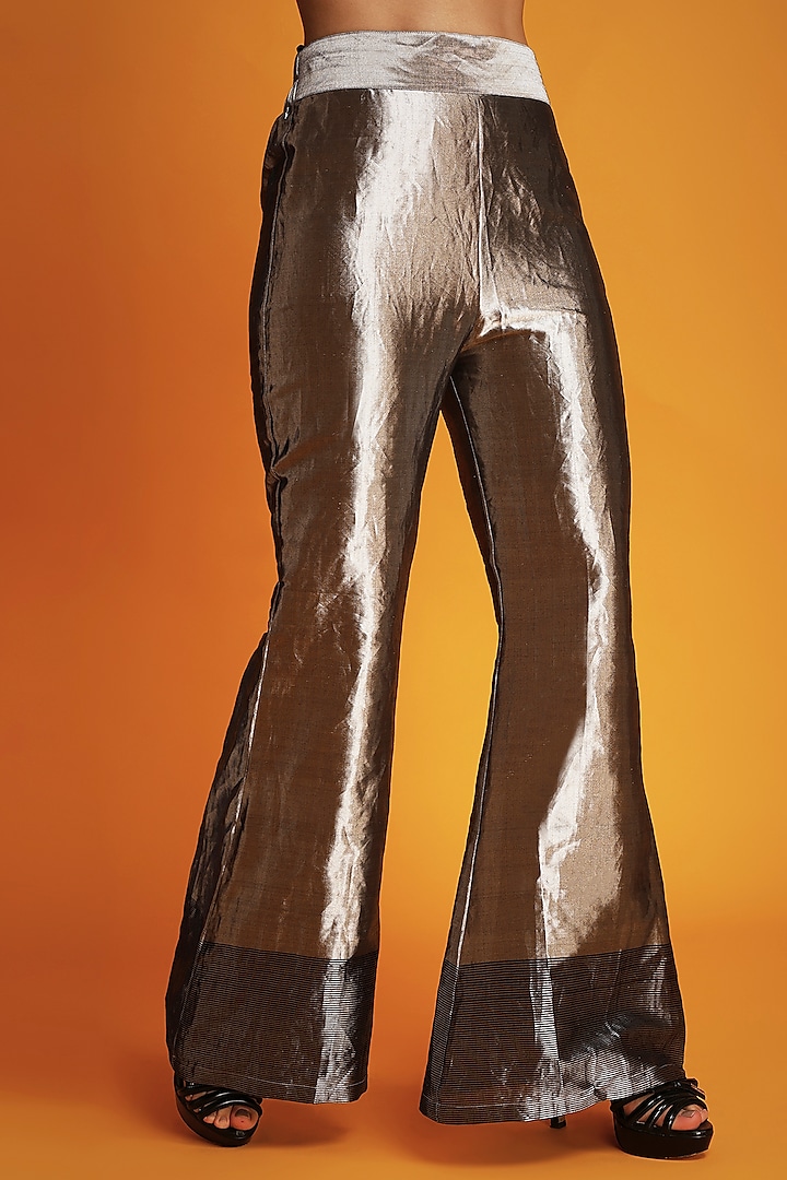 Silver Tissue Silk Handwoven Bell Bottom Pants by Krishna Mehta