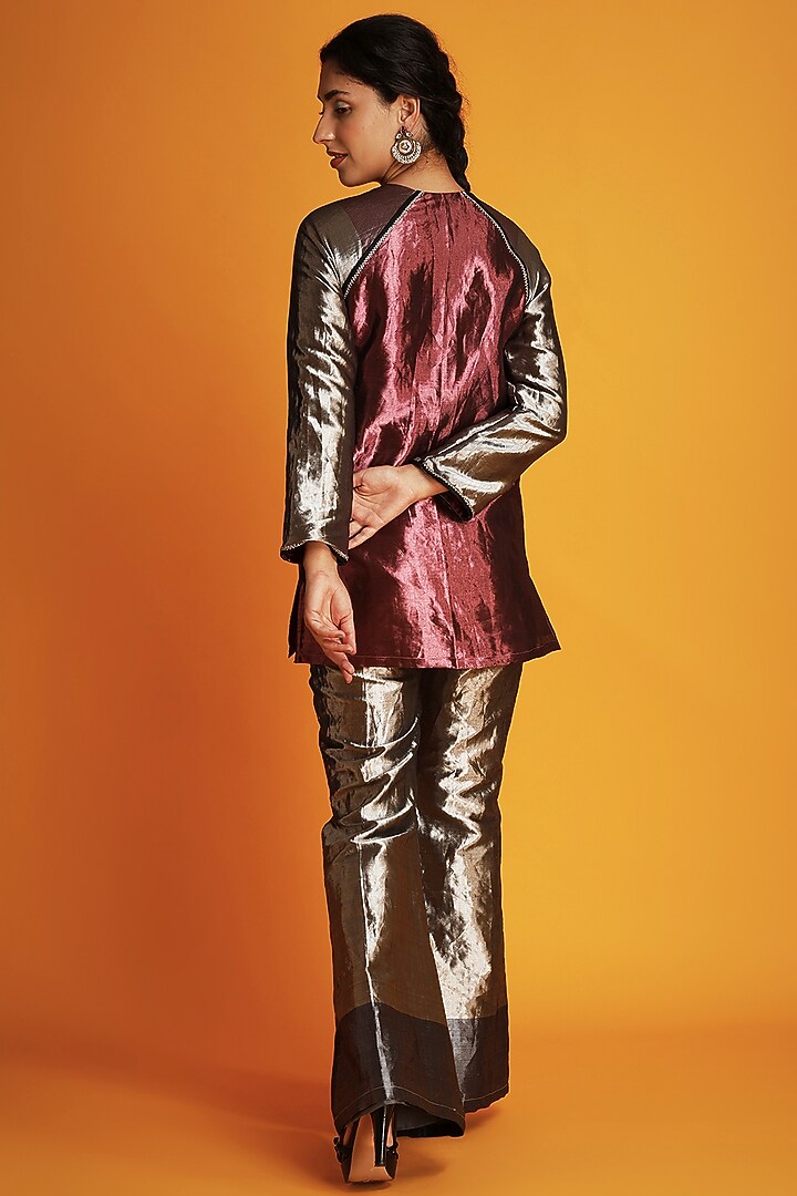 Silver Tissue Silk Handwoven Bell Bottom Pants by Krishna Mehta at Pernia's Pop Up Shop