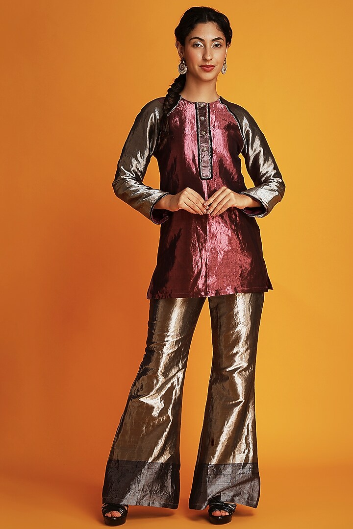 Silver Tissue Silk Handwoven Bell Bottom Pants by Krishna Mehta at Pernia's Pop Up Shop