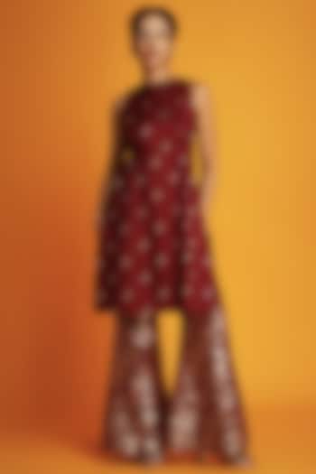 Maroon Silk Brocade Floral Design Sleeveless Tunic by Krishna Mehta