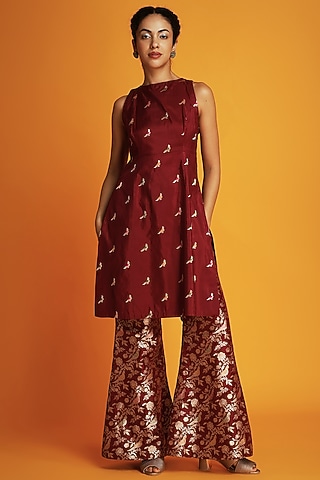 Maroon Silk Brocade Floral Design Sleeveless Tunic by Krishna Mehta