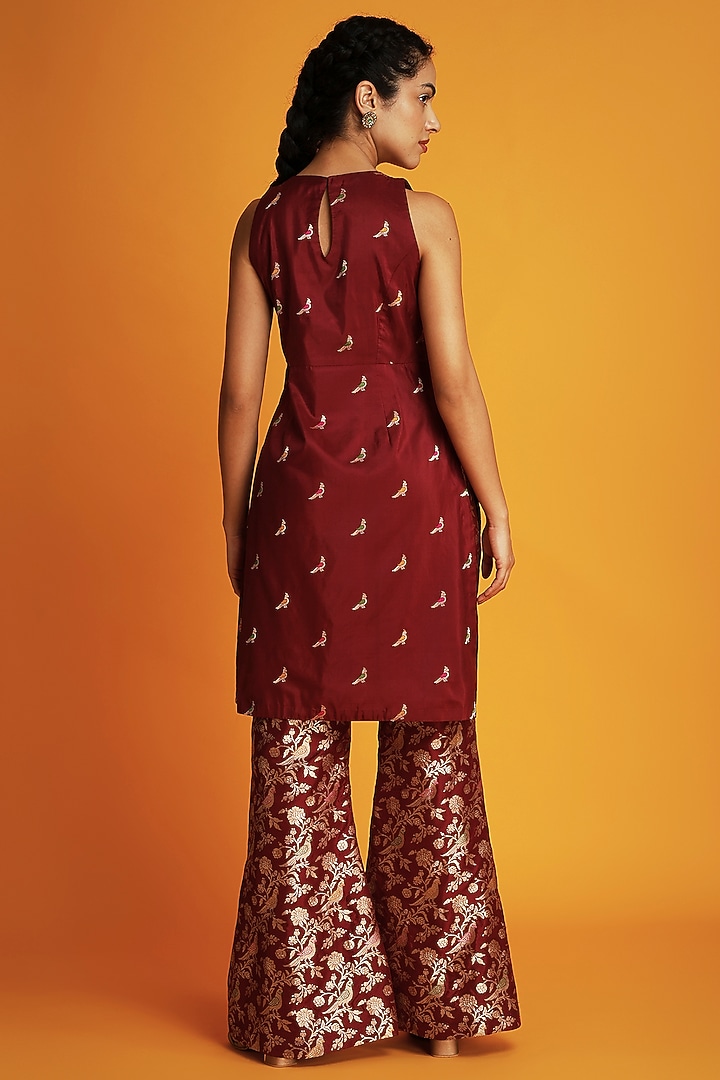 Maroon Silk Brocade Floral Design Sleeveless Tunic by Krishna Mehta at Pernia's Pop Up Shop
