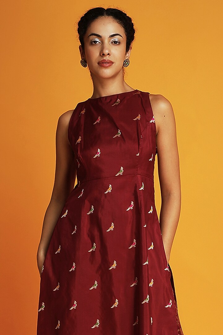 Maroon Silk Brocade Floral Design Sleeveless Tunic by Krishna Mehta at Pernia's Pop Up Shop