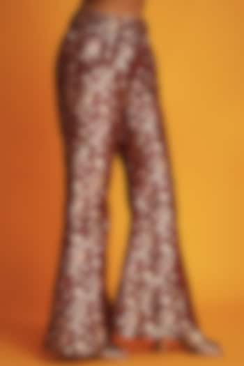 Maroon Silk Brocade Bell Bottom Pants by Krishna Mehta