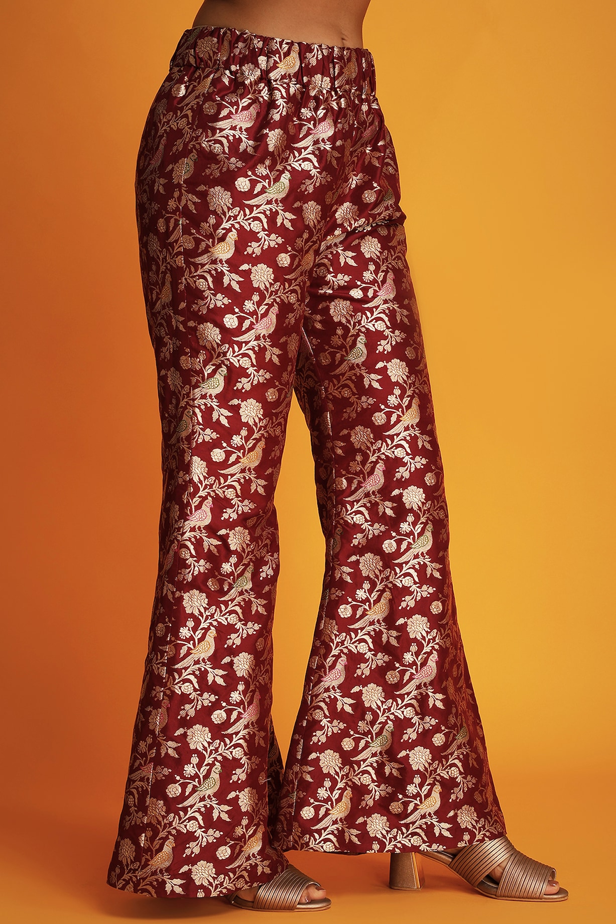Maroon Silk Brocade Bell Bottom Pants Design by Krishna Mehta at
