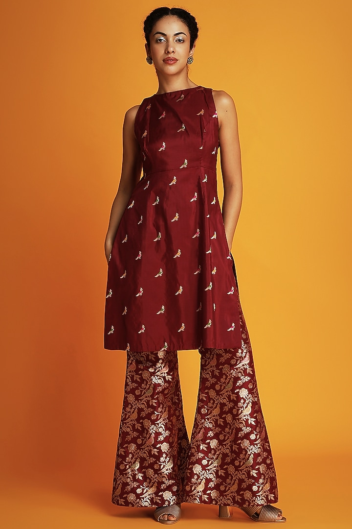 Maroon Silk Brocade Bell Bottom Pants by Krishna Mehta at Pernia's Pop Up Shop