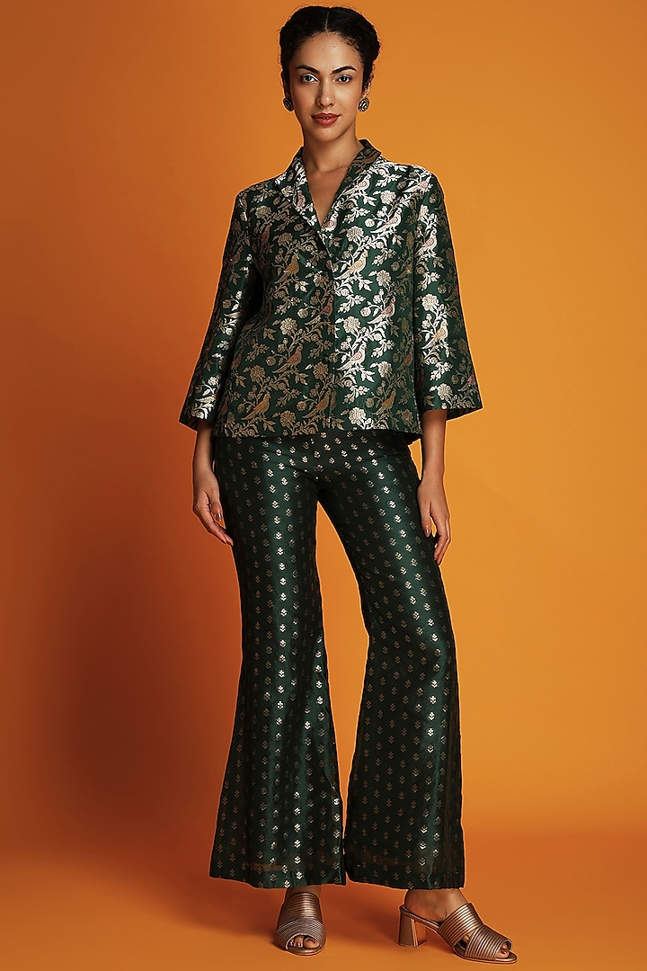 Emerald Silk Brocade Handwoven Swing Jacket by Krishna Mehta