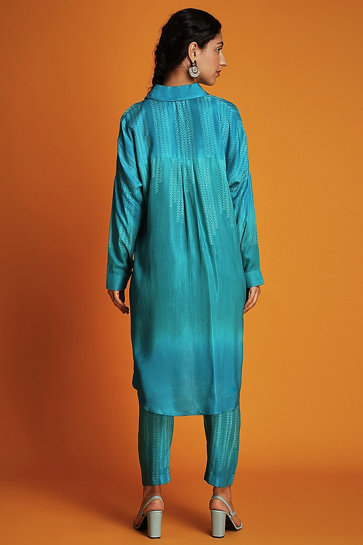 Turquoise Modal Block Printed Ombre Shirt Tunic Set by Krishna Mehta at Pernia's Pop Up Shop
