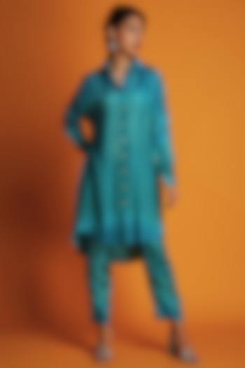 Turquoise Modal Block Printed Ombre Shirt Tunic Set by Krishna Mehta