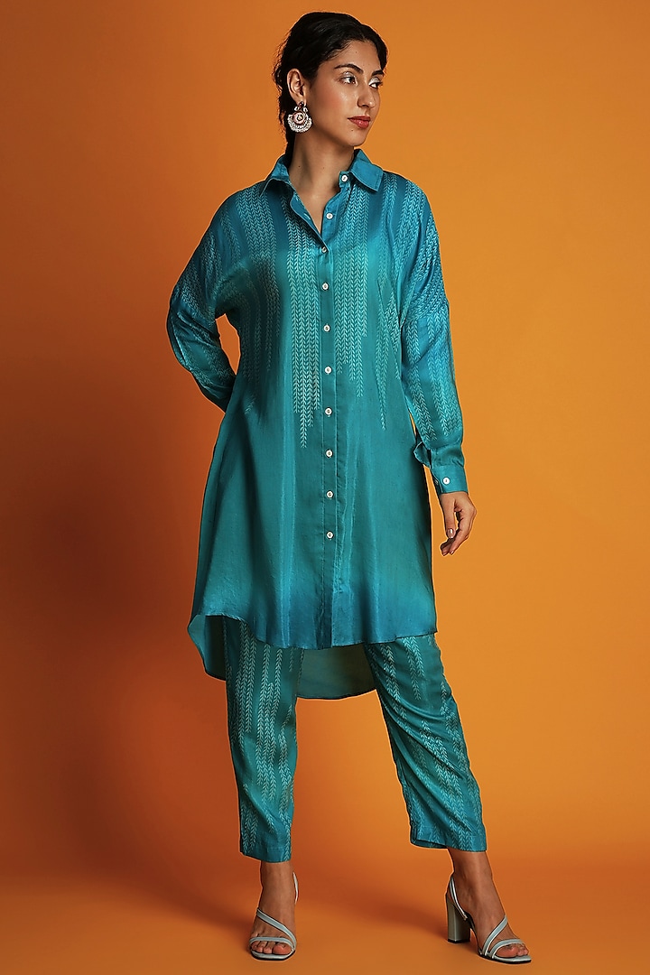 Turquoise Modal Block Printed Ombre Shirt Tunic Set by Krishna Mehta