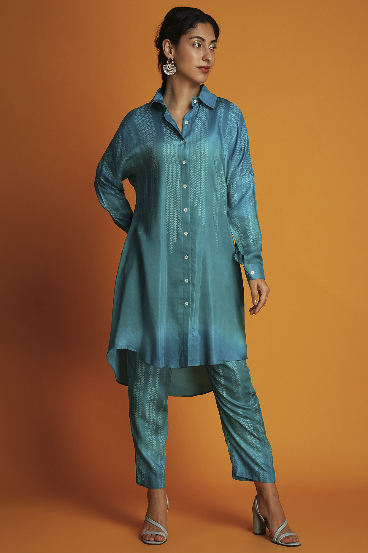 Turquoise Modal Block Printed Ombre Shirt Tunic Set by Krishna Mehta