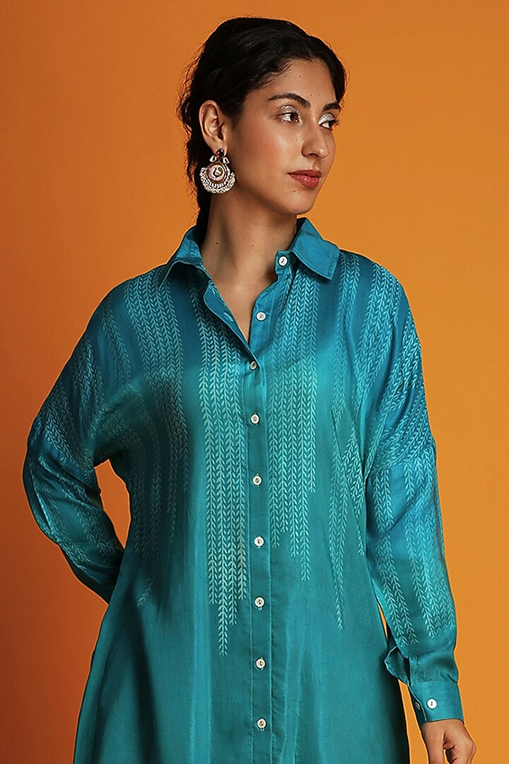 Turquoise Modal Block Printed Ombre Shirt Tunic Set by Krishna Mehta at Pernia's Pop Up Shop