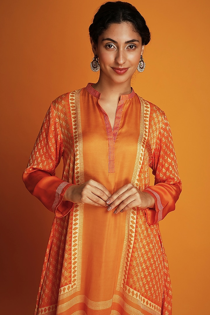 Orange Modal Printed Ombre Asymmetric Tunic Set by Krishna Mehta at Pernia's Pop Up Shop