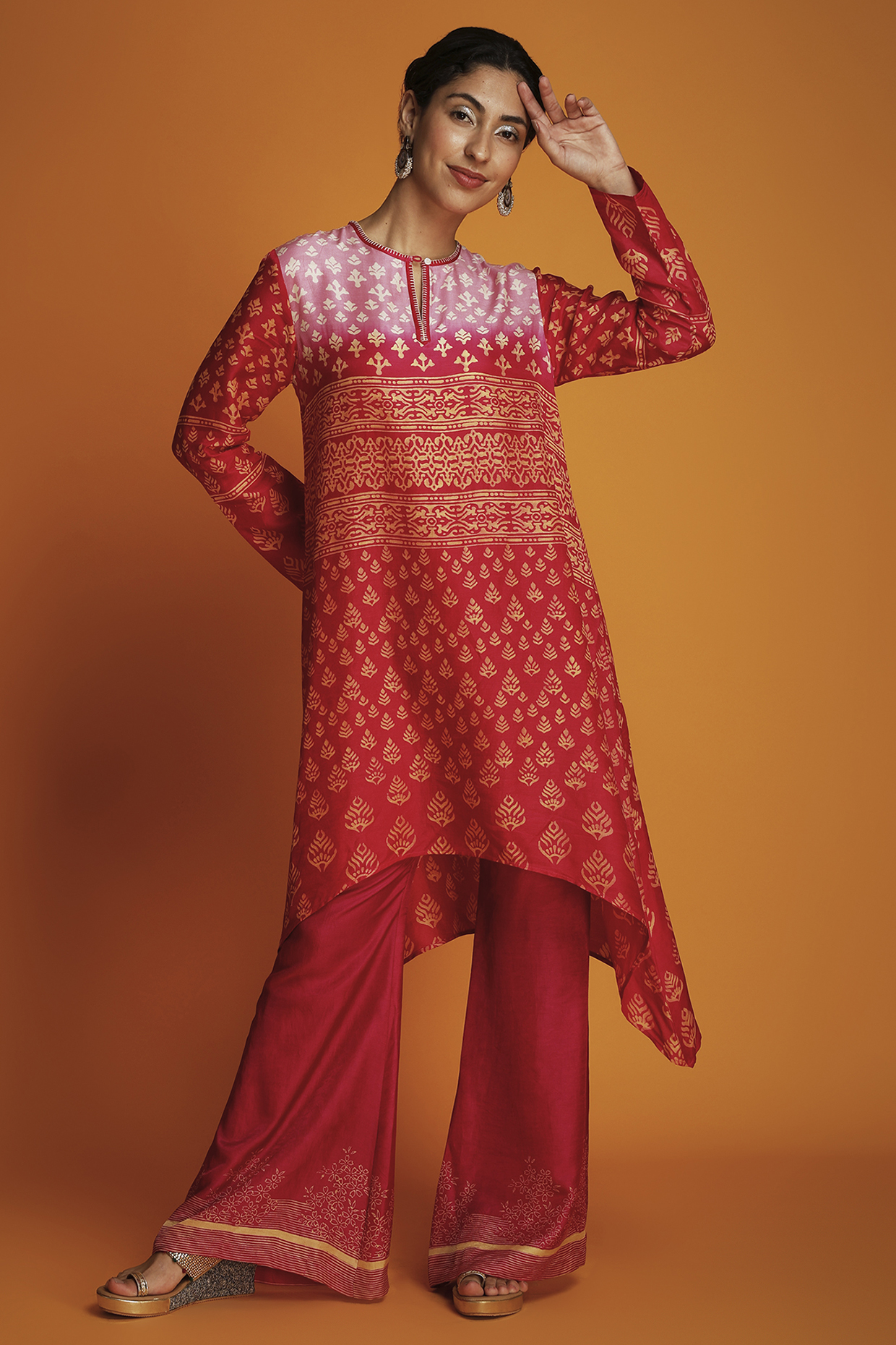 Pink & Red Chanderi Hand-Printed Ombre Tunic Set by Krishna Mehta at Pernia's Pop Up Shop