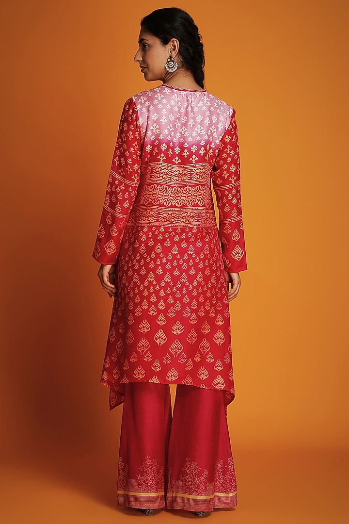 Pink & Red Chanderi Hand-Printed Ombre Tunic Set by Krishna Mehta at Pernia's Pop Up Shop