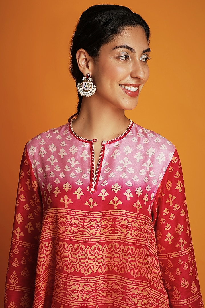 Pink & Red Chanderi Hand-Printed Ombre Tunic Set by Krishna Mehta at Pernia's Pop Up Shop