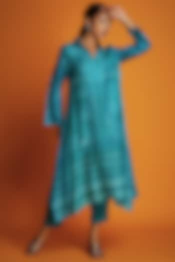 Turquoise Chanderi Block-Printed Ombre Tunic Set by Krishna Mehta
