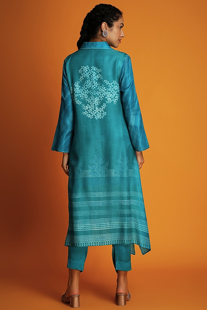 Turquoise Chanderi Block-Printed Ombre Tunic Set by Krishna Mehta at Pernia's Pop Up Shop