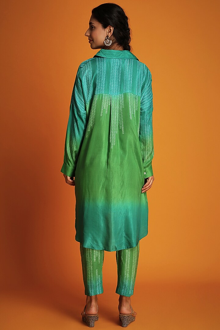 Green Ombre Modal Block-Printed Shirt Tunic Set by Krishna Mehta at Pernia's Pop Up Shop