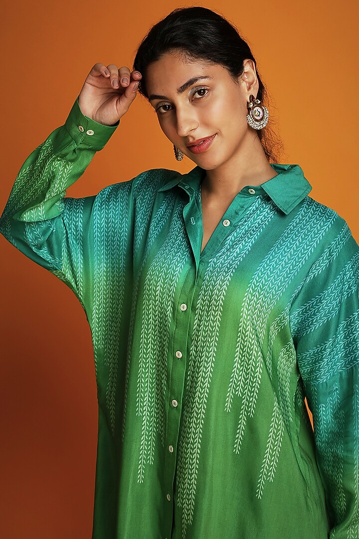 Green Ombre Modal Block-Printed Shirt Tunic Set by Krishna Mehta at Pernia's Pop Up Shop