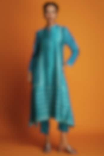 Turquoise Modal Hand-Block Printed Asymmetric Tunic Set by Krishna Mehta