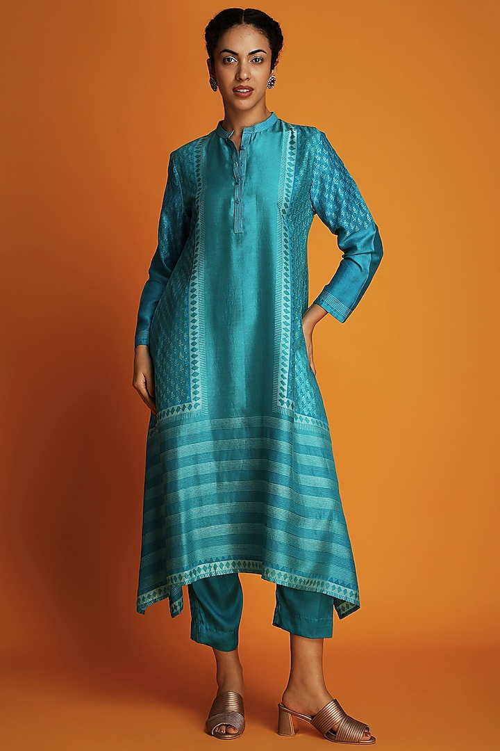 Turquoise Modal Hand-Block Printed Asymmetric Tunic Set by Krishna Mehta