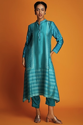 Turquoise Modal Hand-Block Printed Asymmetric Tunic Set by Krishna Mehta
